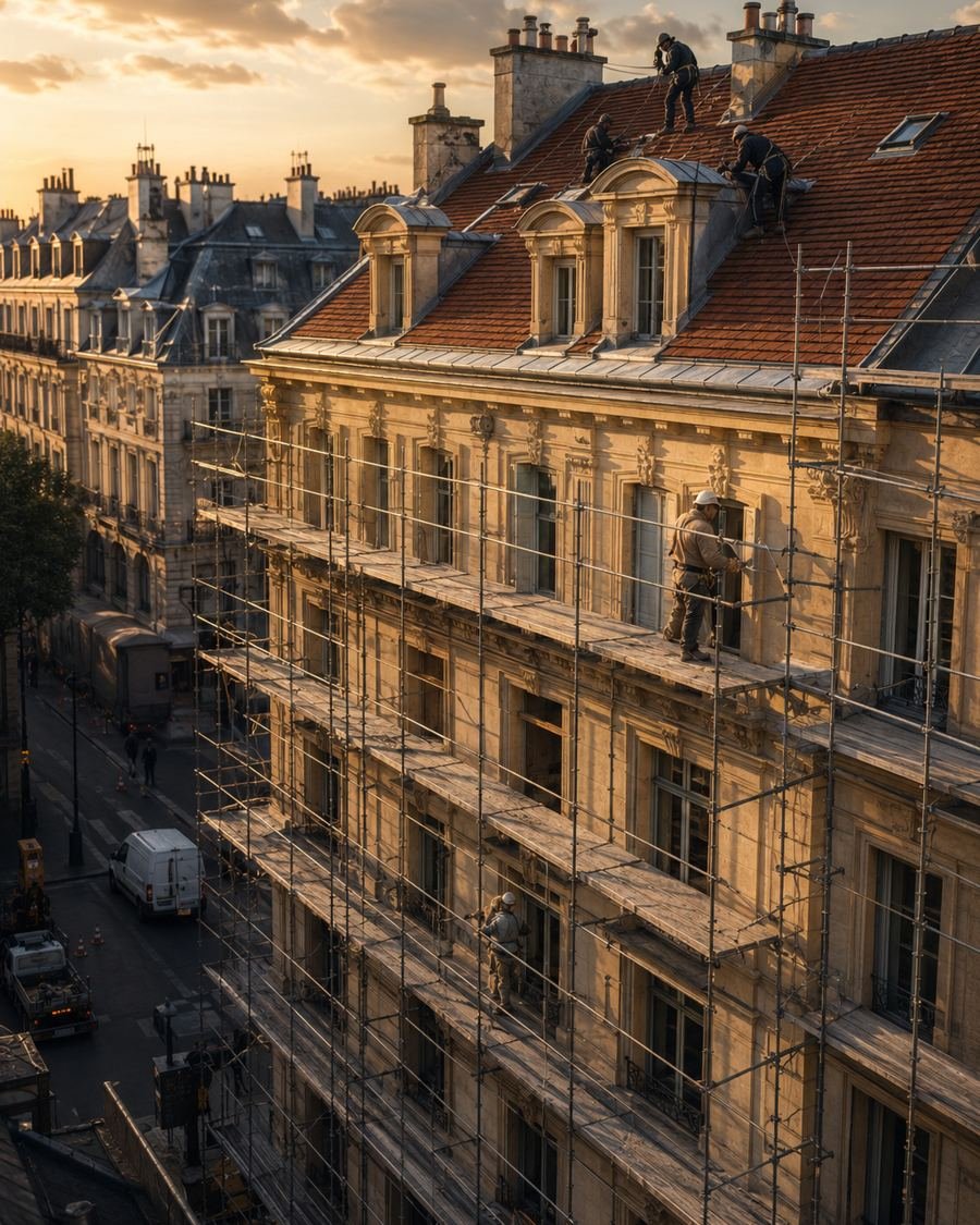 Échafaudage monté sur un immeuble de ville pour la toiture et le ravalement de façade