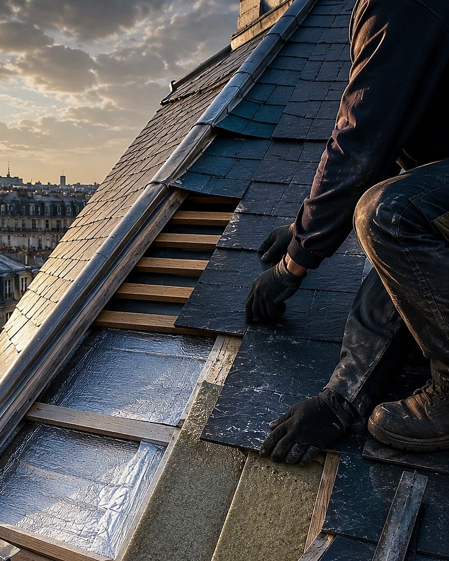 Pose de panneaux de sarking sous une couverture en ardoise
