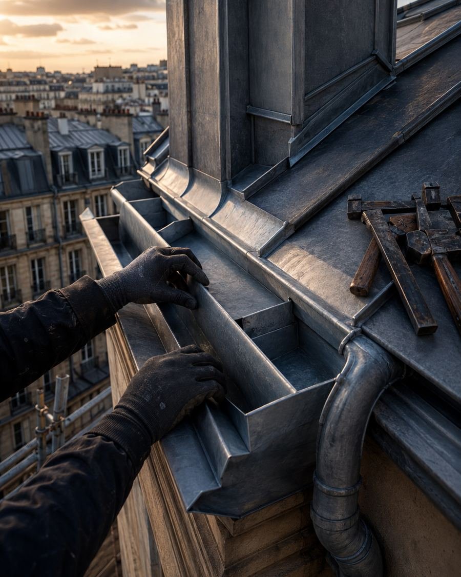 Chéneau et descente en zinc façonnés sur mesure sur un toit luxembourgeois