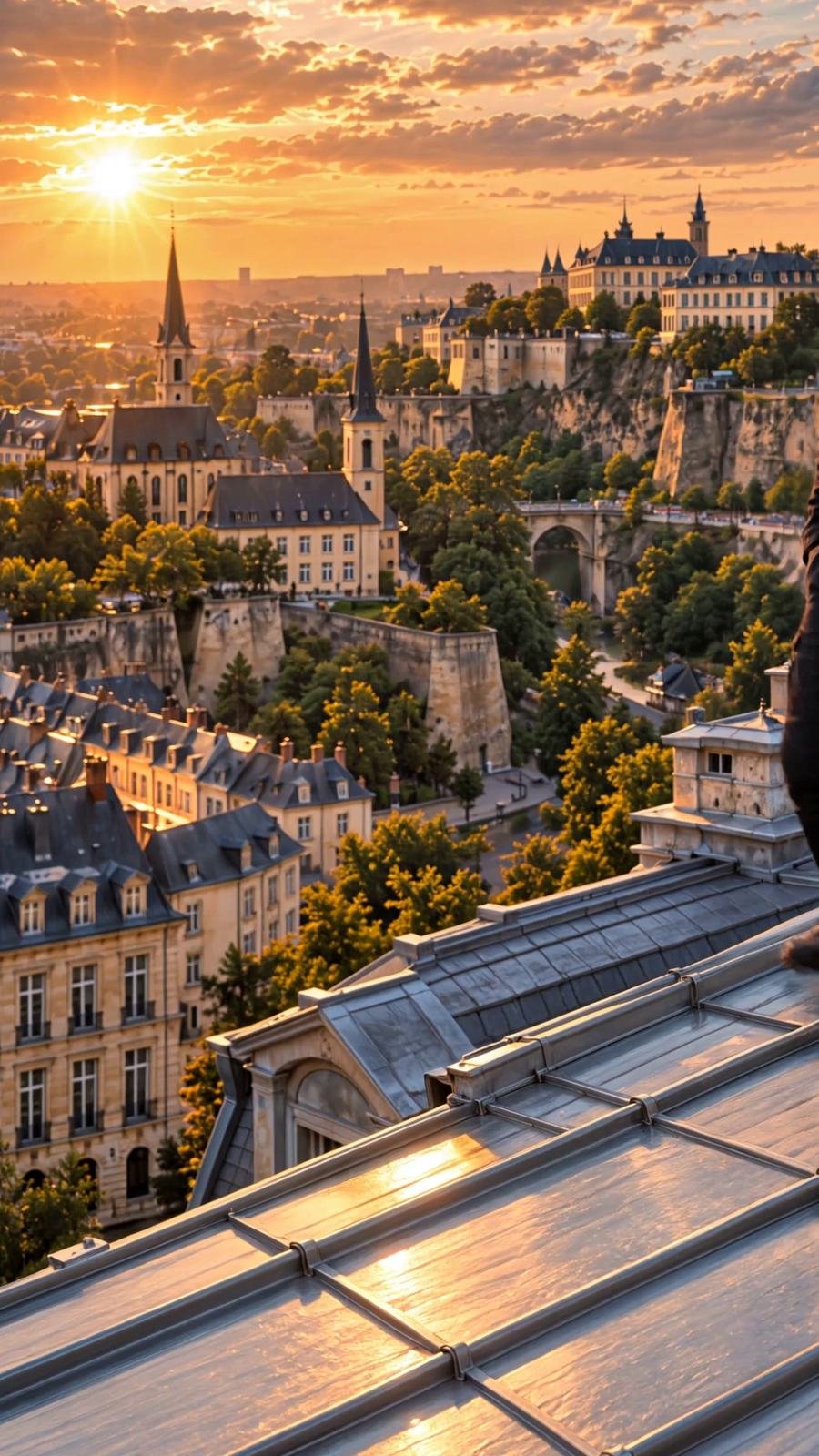 Toiture en zinc au-dessus de Luxembourg-Ville, au crépuscule