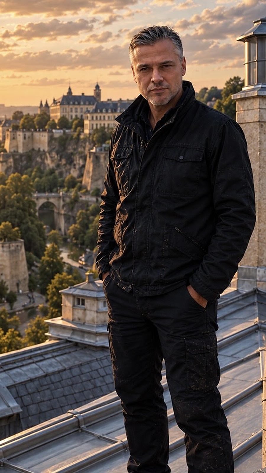 Monsieur Dujardin, maître couvreur, sur une toiture de zinc au-dessus de Luxembourg-Ville au couchant